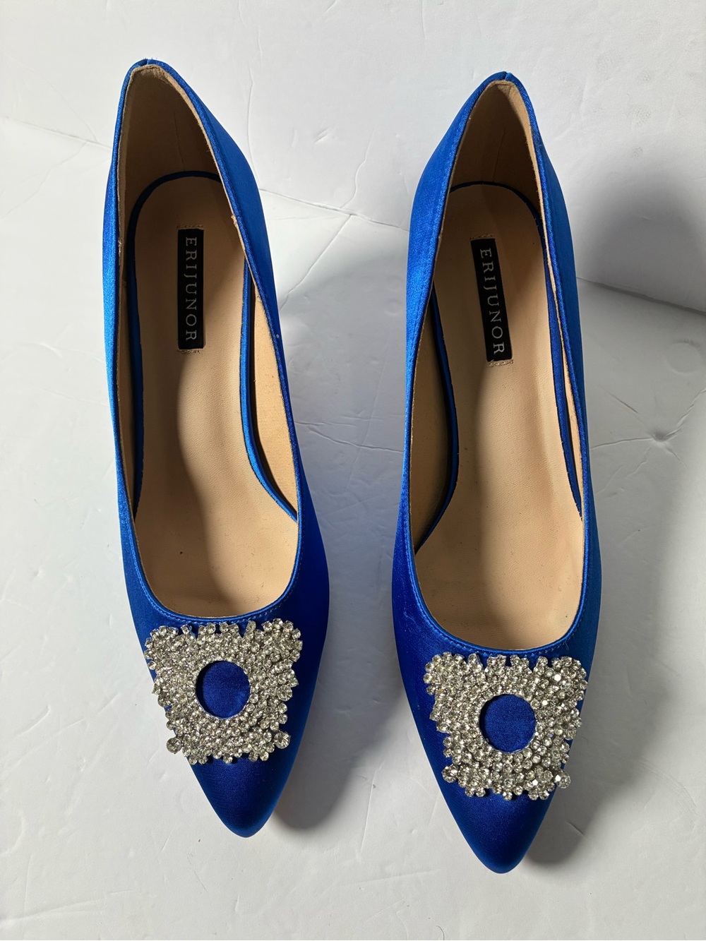 ERIJUNOR Royal Blue Pointed Toe Embellished Flats